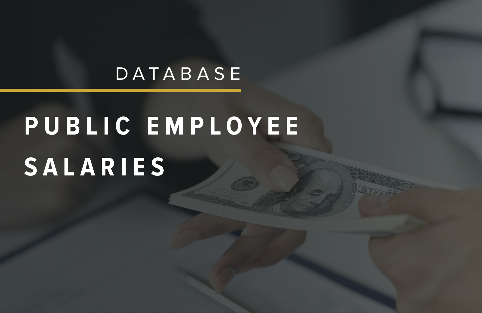 Graphic with the headline "Database: Public Employee Salaries" with an image of hands handing over a stack of $100 bills.
